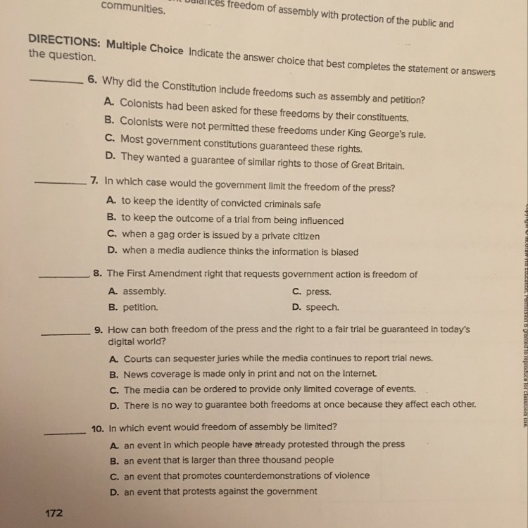 Why did the constitution include freedoms such as assembly and petition?-example-1