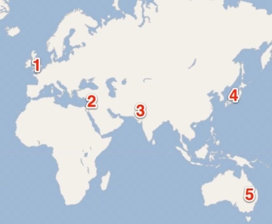 Which number is the CLOSEST to the country of Israel? 1 2 3-example-1