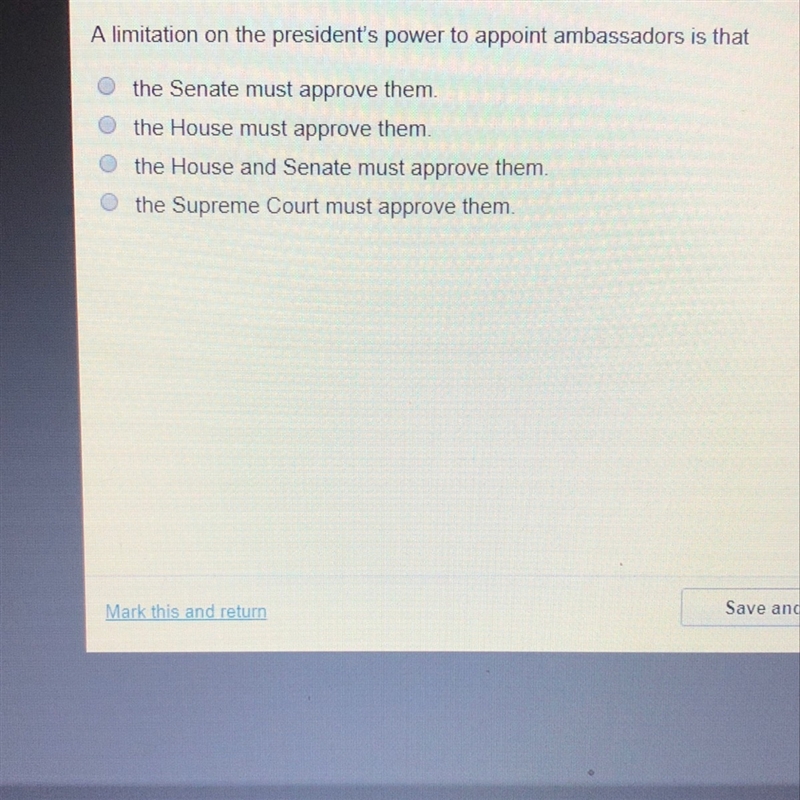 A limitation of the president’s power to appoint ambassadors is that?-example-1