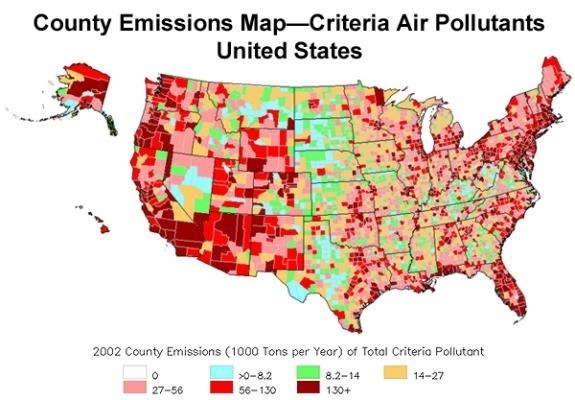 According to the map, what part of the United States has the most air pollution? The-example-1