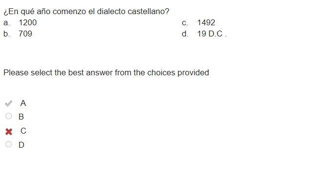 ¿En qué año el castellano se hizo el idioma oficial de España? a. 1492 c. 719 D.C-example-1