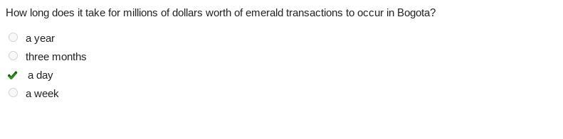 What period of time does it take for millions of dollars worth of emerald transactions-example-1