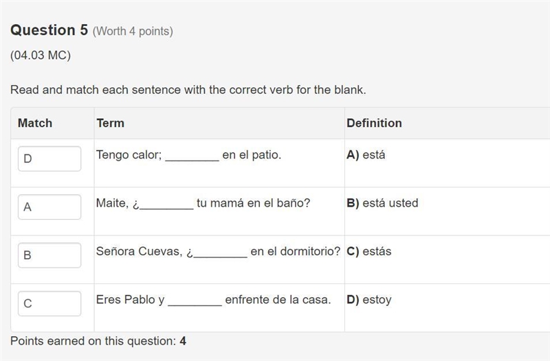 Read and match each sentence with the correct verb for the blank. 1, Tengo calor; ________ en-example-1