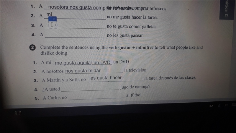 complete the sentenfes using the verb gustar + infinitive to tell what people loke-example-1