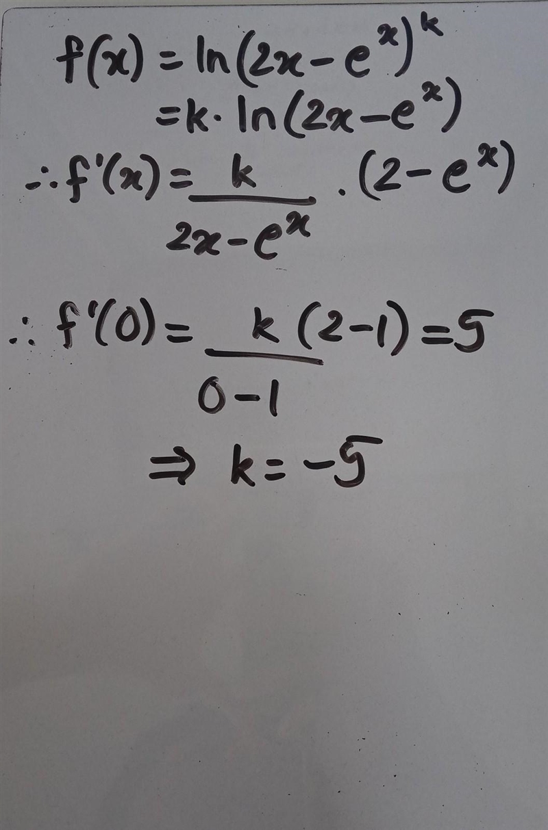 Let f be the function defined by the f(x) = ln(-e^x + 2x)^k for some positive constant-example-1