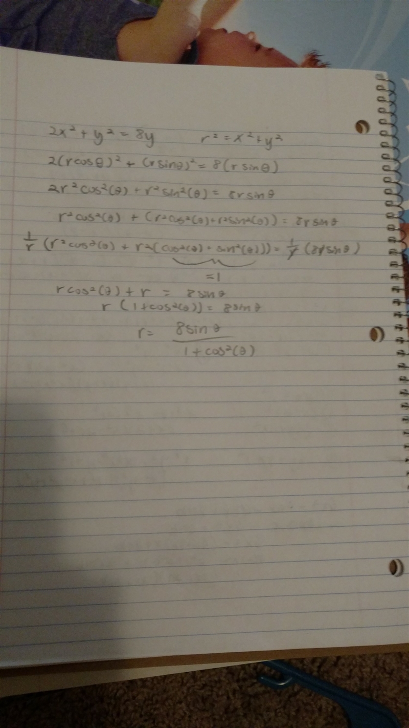 Change the following rectangular equation to a polar equation: 2x^2 + y^2 = 8y-example-1