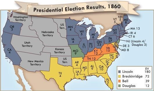 Based on the information in the map, the presidential election of 1860 reflected which-example-1