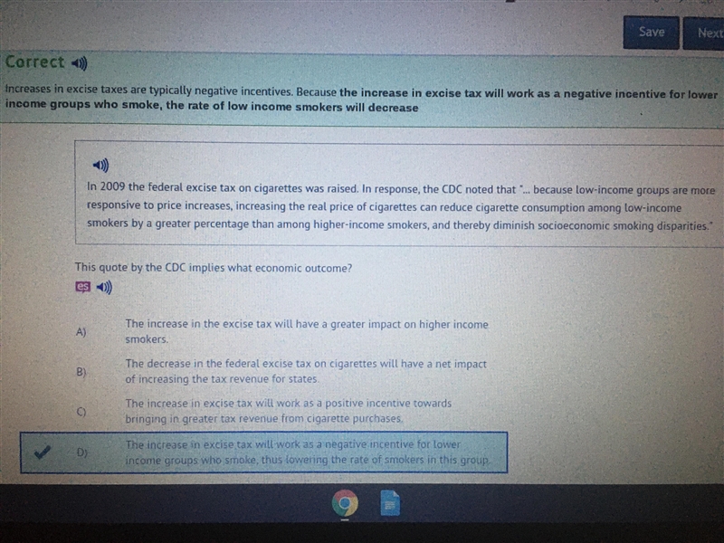 In 2009 the federal excise tax on cigarettes was raised. In response, the CDC noted-example-1