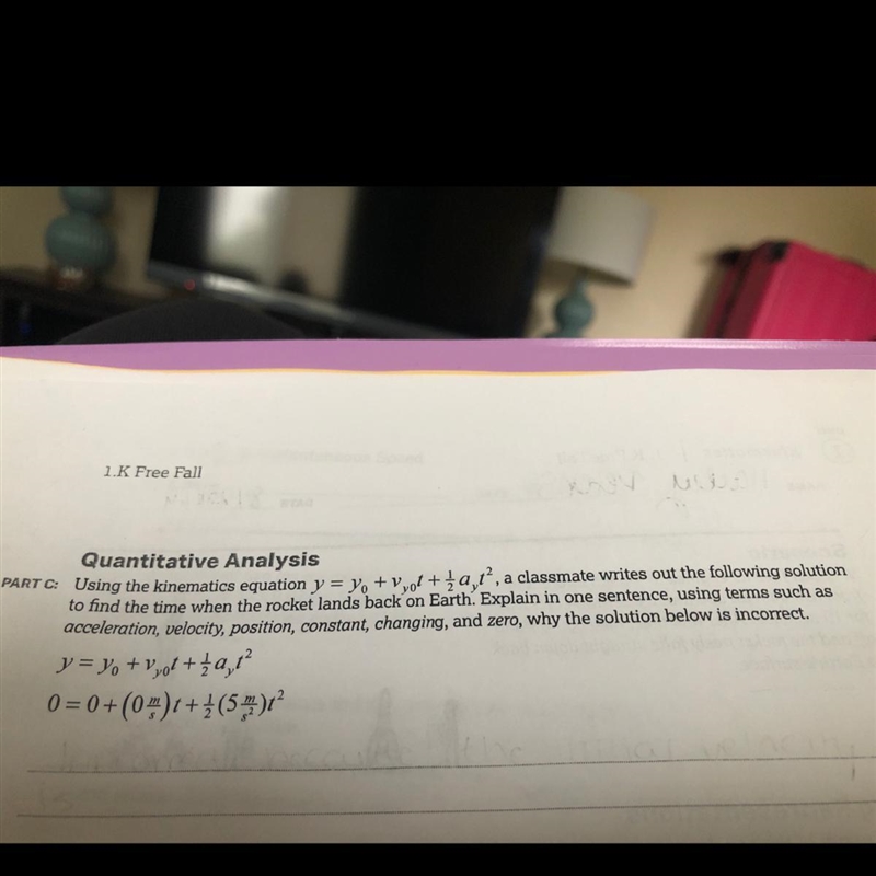 Using the kinematics equation y = y + y + tat", a classmate writes out the following-example-1