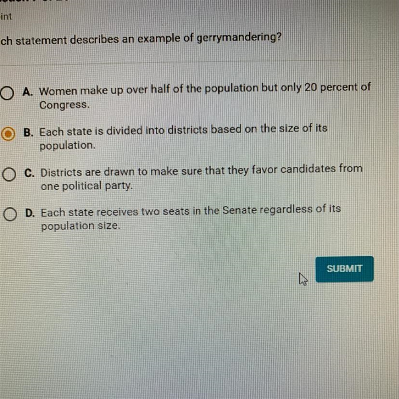 Which statement describes an example of gerrymandering?-example-1