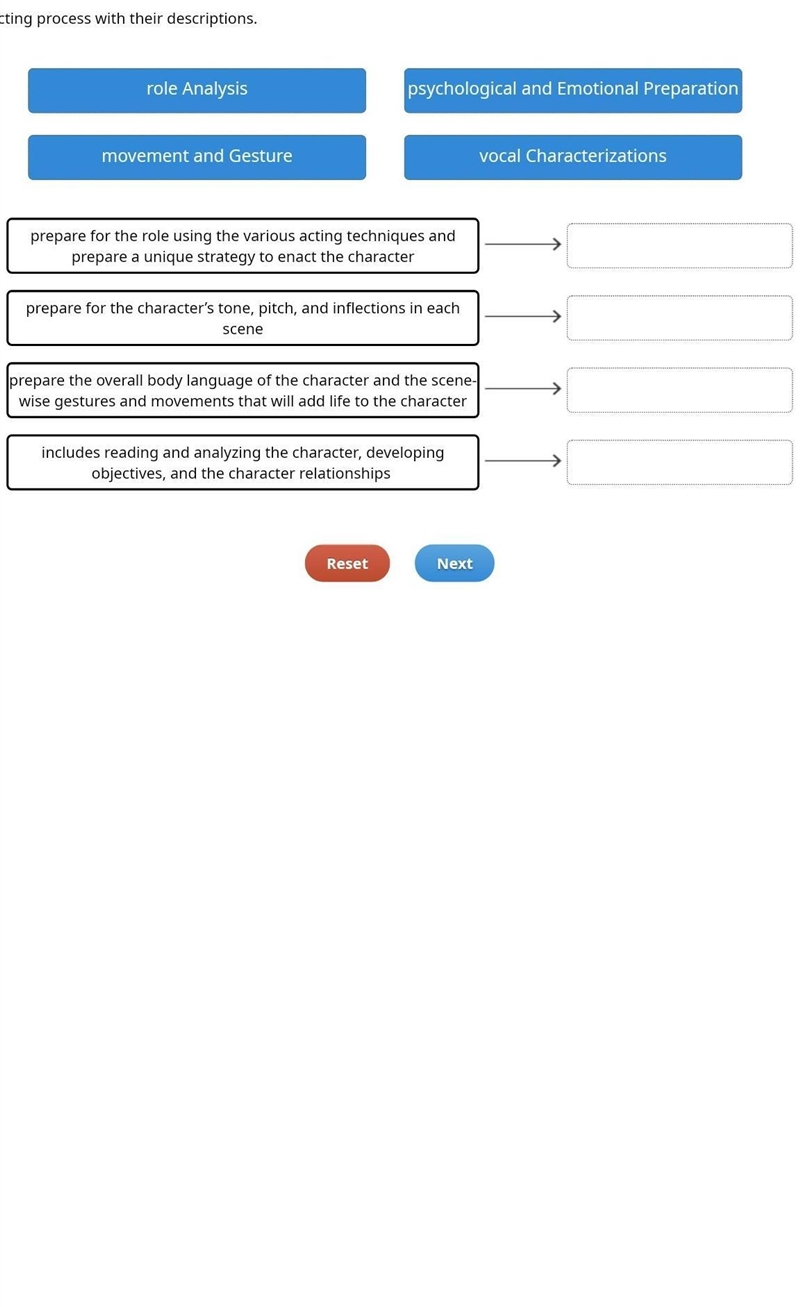 Match the acting process with their descriptions. ​-example-1