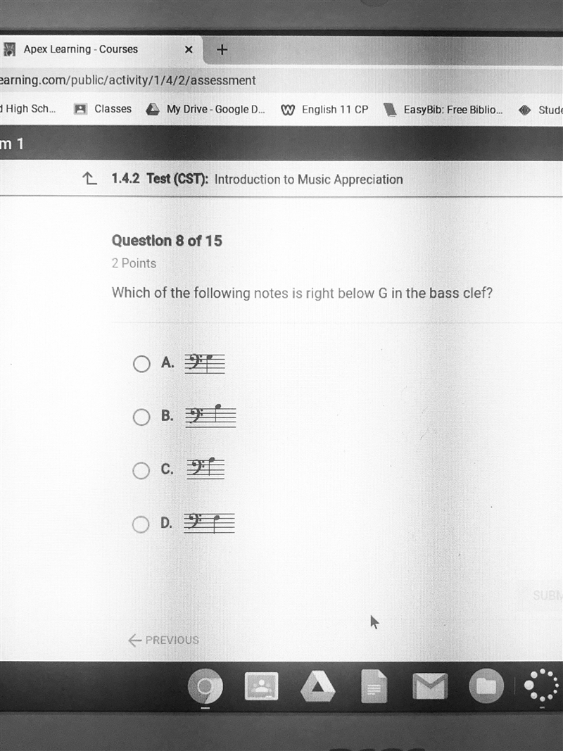 Which of the following notes is right below G in the bass clef?-example-1