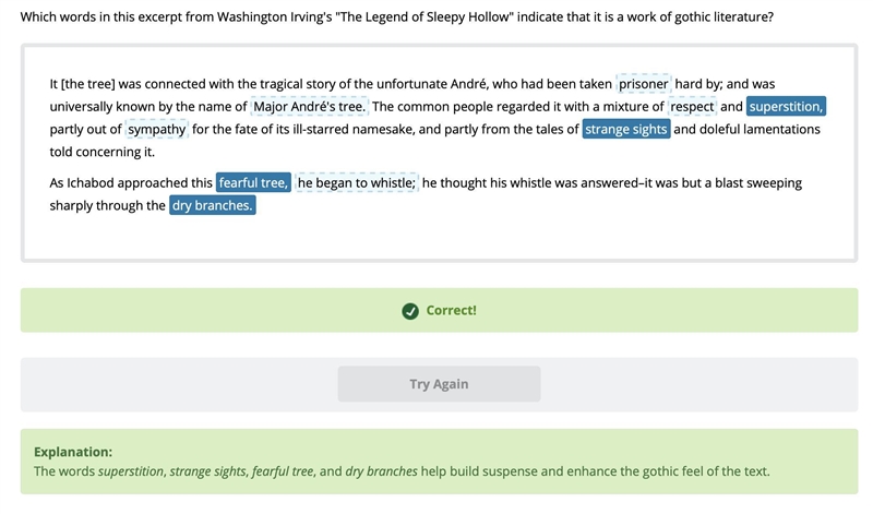 Which words in this excerpt from Washington Irving's "The Legend of Sleepy Hollow-example-1