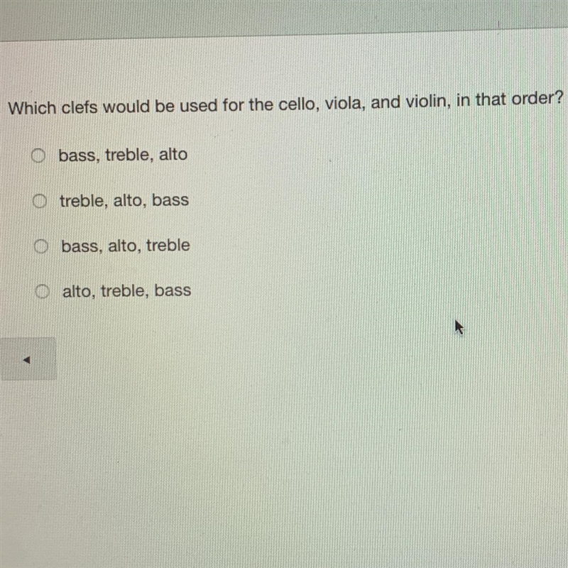 Music Appreciation Help!! Which clefs would be used for the cello, viola, and violin-example-1