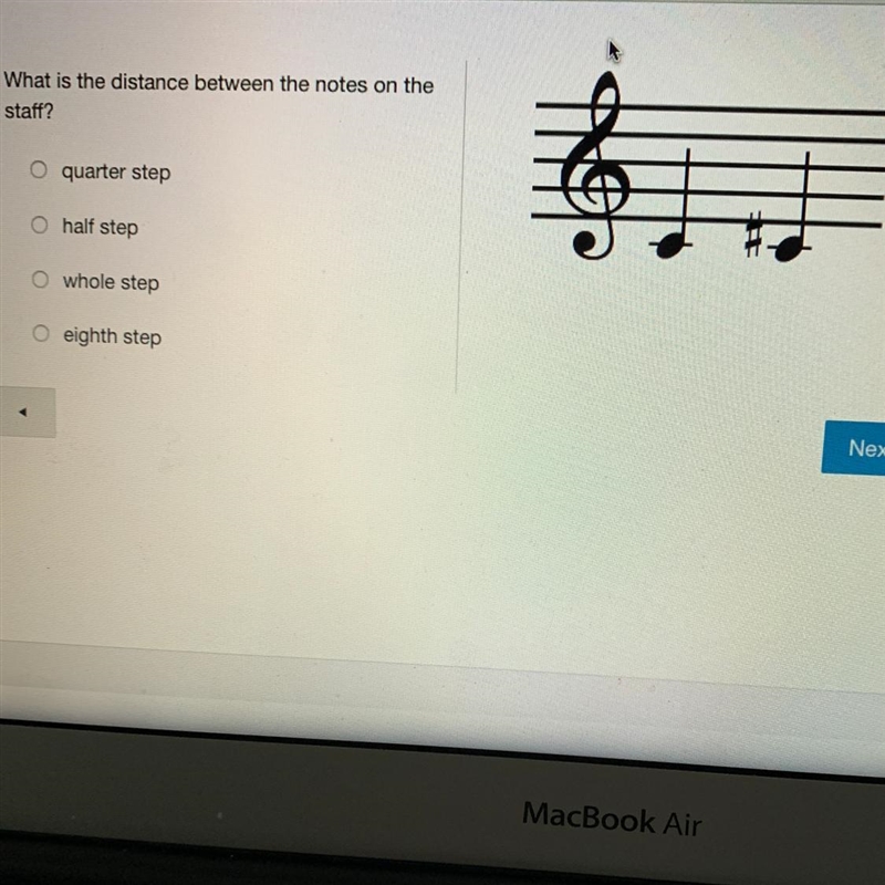 Music Appreciation Help ASAP What is the distance between the notes on the staff? See-example-1