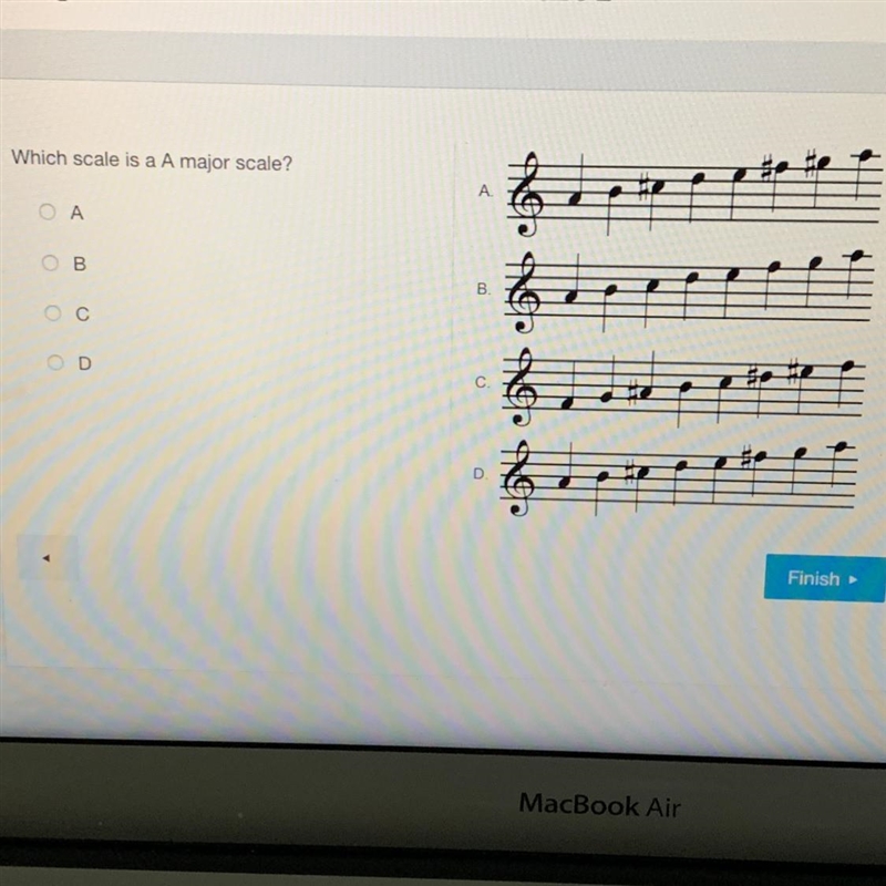 Music Help Which scale is a A major scale? (See picture shown)-example-1