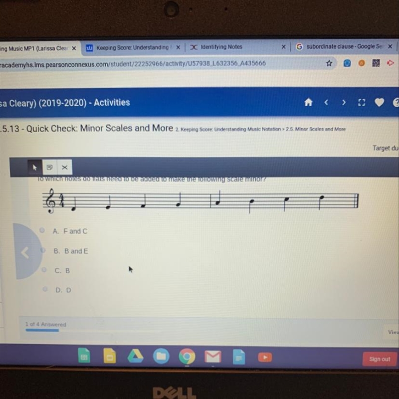 Multiple Choice To which notes do flats need to be added to make the following scale-example-1