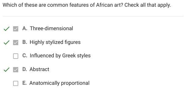 Which of these are common features of africa art? Check all that apply.-example-1