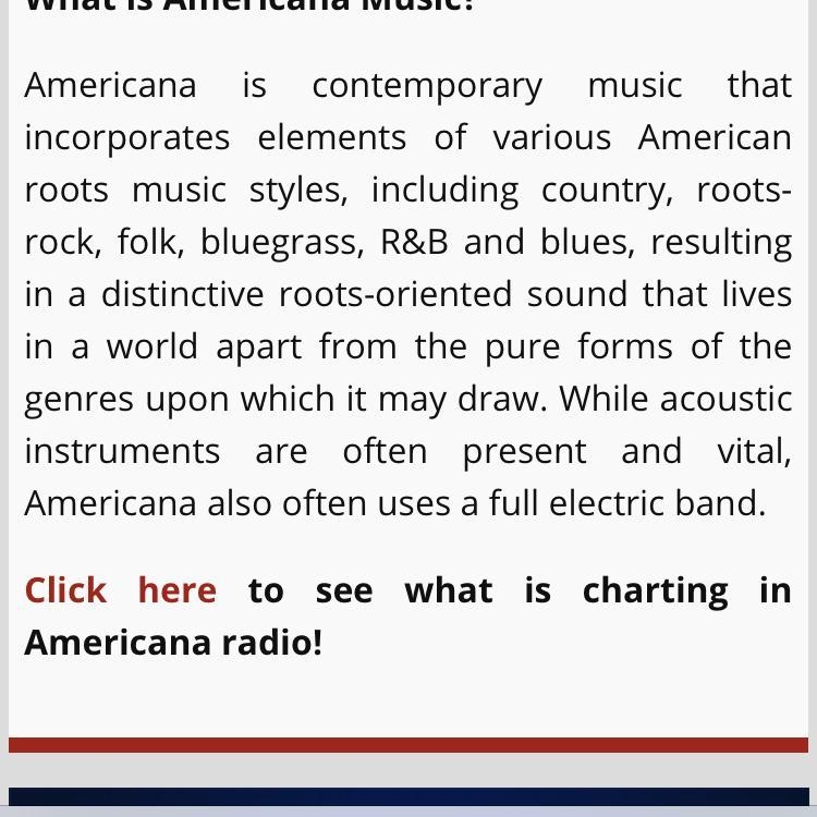 Americana is a blend of the following kinds of music: A. folk, bluegrass, rock, and-example-1