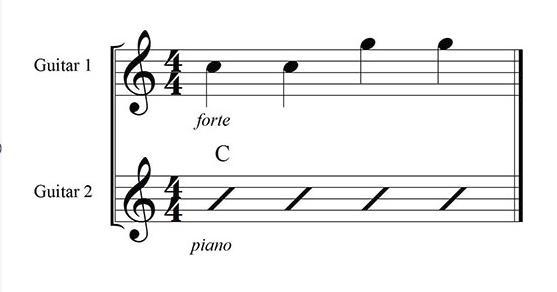 In the example, the chords would be played softer than the melody the melody would-example-1