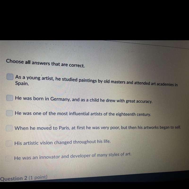 Which statements describe events in the life of Pablo Picasso? Choose all answers-example-1