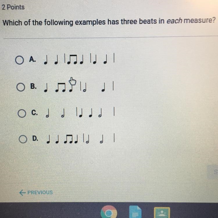 Which of the following examples has three beats in each measure? ת נהנתנ OA ת נולת נ O-example-1