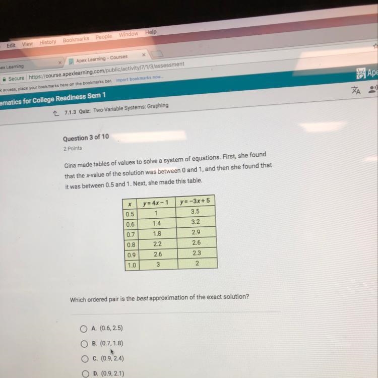 Which ordered pair is the best approximation of the exact solution?-example-1