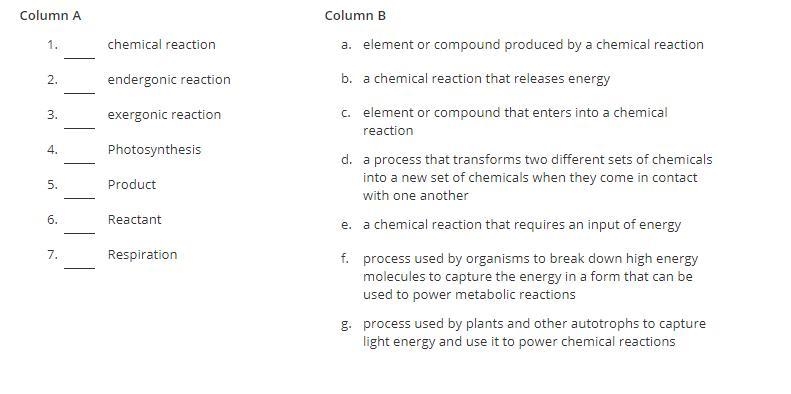 Please match the Key Word to the correct definition. Column A Column B 1. ___ chemical-example-1