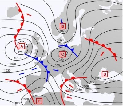 Select all the correct answers. Which locations on the map are low-pressure areas-example-1