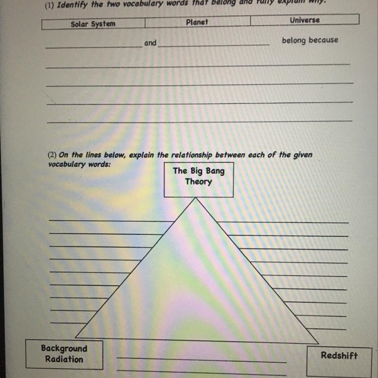 (1) Identify the two vocabulary words that belong and fully explain why. -Solar System-example-1