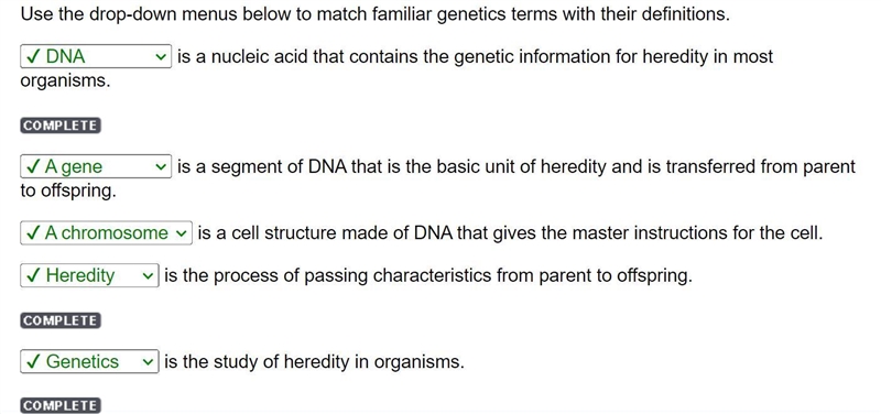 Use the drop-down menus below to match familiar genetics terms with their definitions-example-1