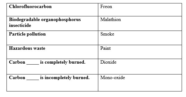 Match the pollutants. 1. a chlorofluorocarbon smoke 2. a biodegradable organophosphate-example-1