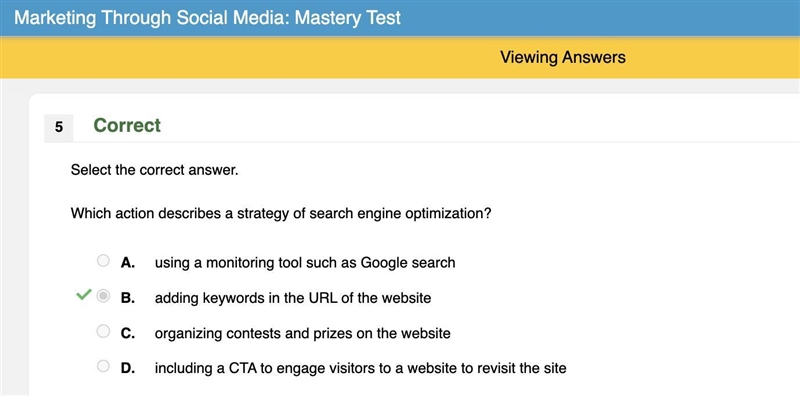 Select the correct answer. Which action describes a strategy of search engine optimization-example-1