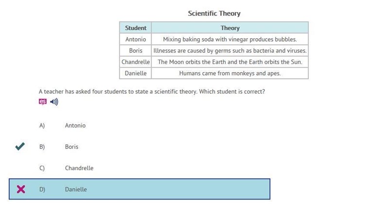 A teacher has asked four students to state a scientific theory. Which student is correct-example-1