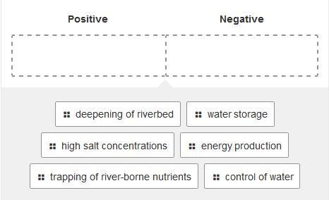 Drag each item to indicate whether it is a positive or negative impact of dams.-example-1