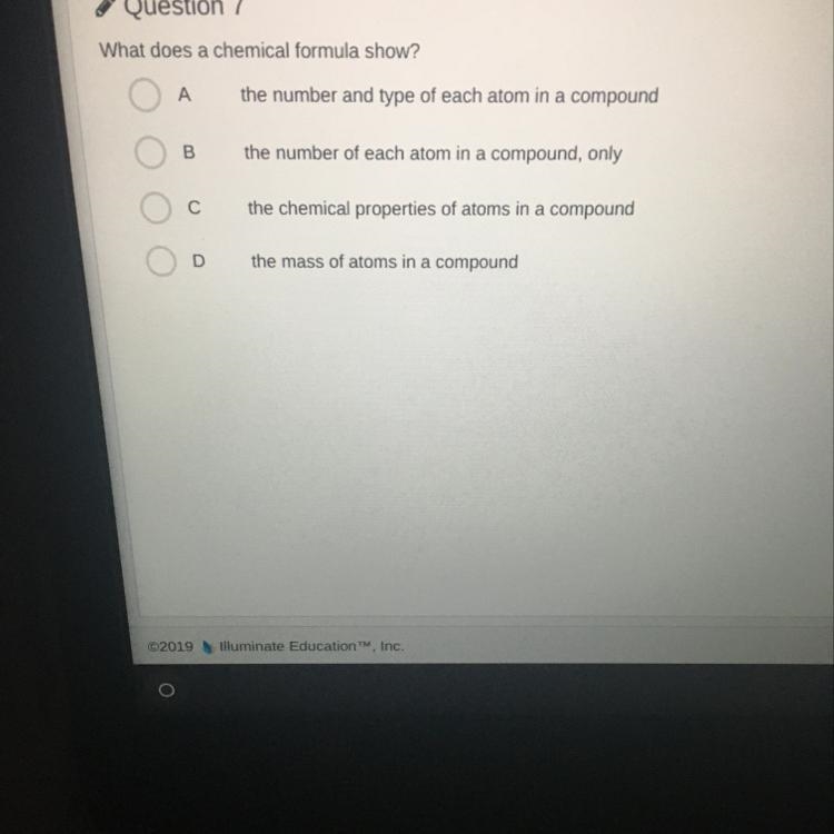 PLEASE HELP FAST! What does a chemical formula show?-example-1