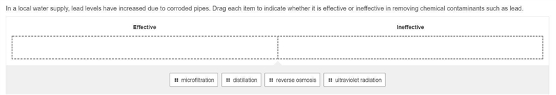 In a local water supply, lead levels have increased due to corroded pipes. Drag each-example-1