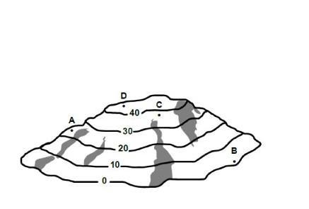 PLEASE HELP!! 40 POINTS!! Where in this area would a lake or marsh most likely form-example-1