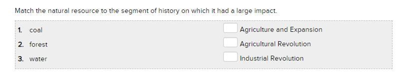 Match the natural resource to the segment of history on which it had a large impact-example-1