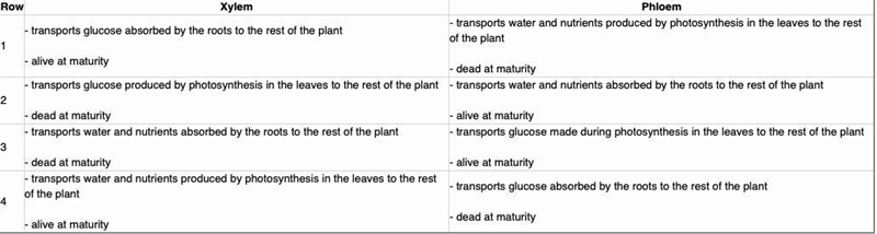 Which of the following rows in the table best compares the function of a plant's xylem-example-1