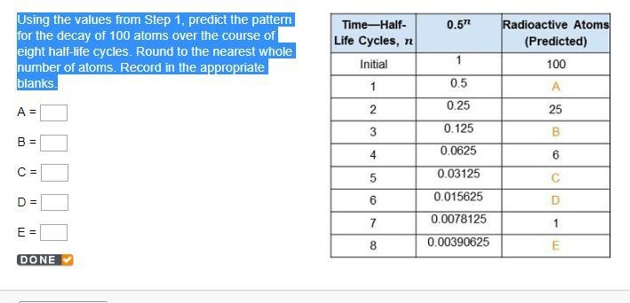 Using the values from Step 1, predict the pattern for the decay of 100 atoms over-example-1