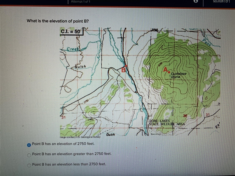 What is the elevation of point B? Point B has a elevation of 2750. Pointe B has an-example-1