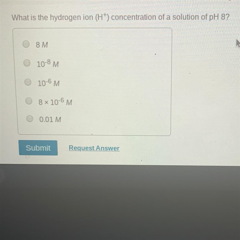 What is the hydrogen ion (H+) concentration of a solution of ph 8?-example-1