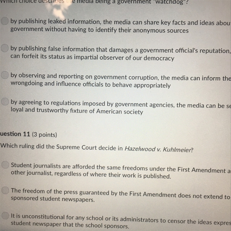 Question at the top : which choice describes the media being a government “watchdog-example-1