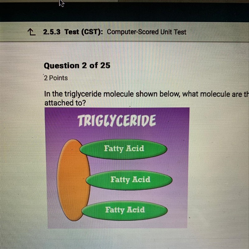 In the triglyceride molecule shown below, what molecule are the fatty acids attached-example-1