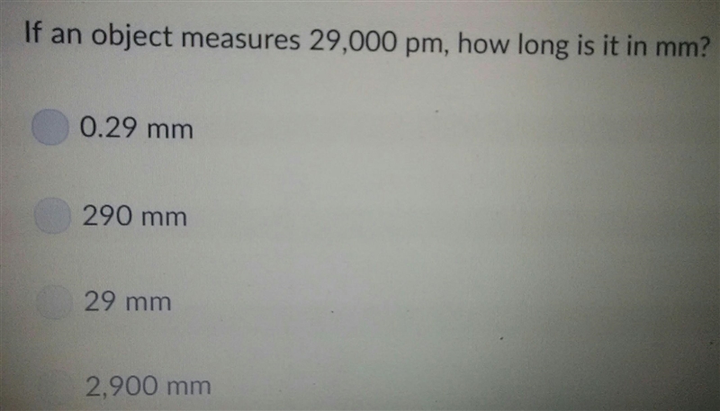 If an object measures 29,000 pm, how long is it in mm?-example-1