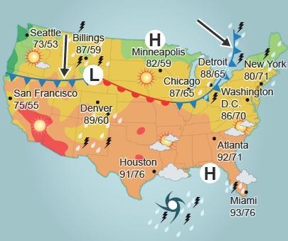 Examine the weather map. The arrows are pointing to the line with triangles. What-example-1