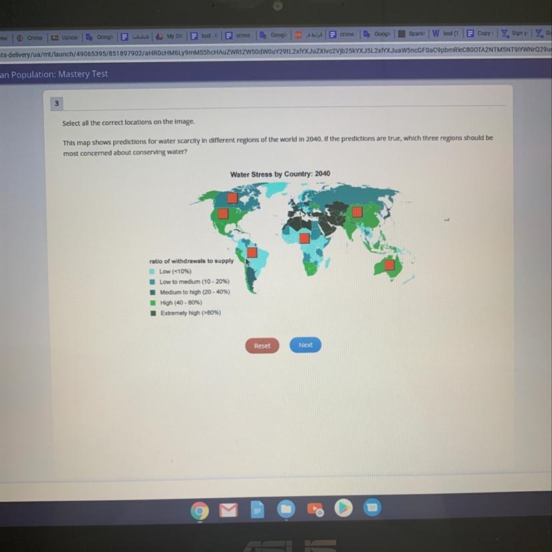 Select all the correct locations on the image. This map shows predictions for water-example-1