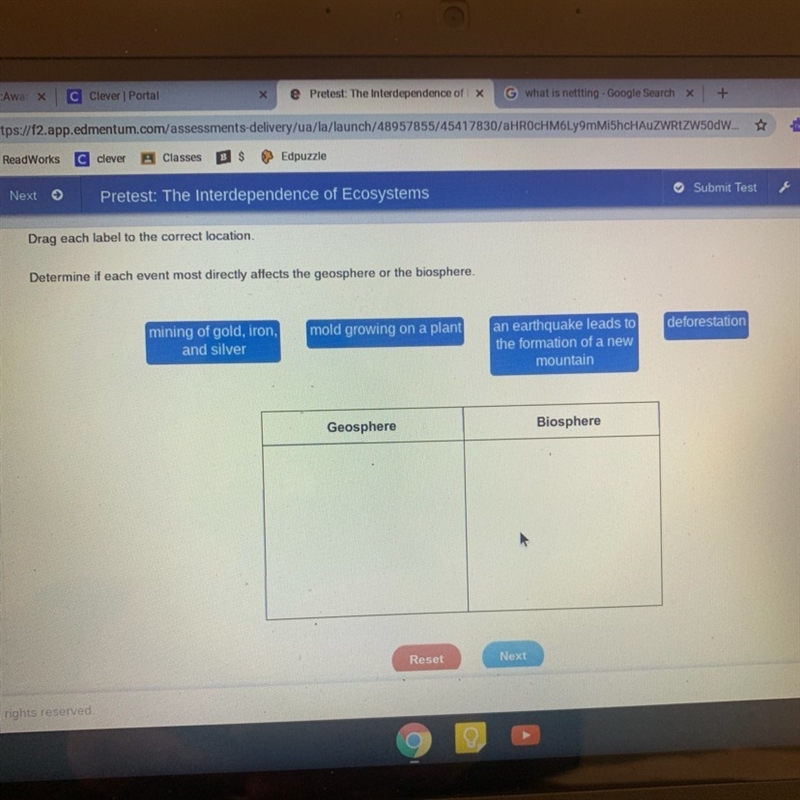 Determine if each event most directly affects the geosphere or the biosphere-example-1