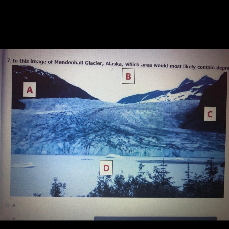 In this image of Mendenhall Glacier, Alaska, which area would most likely contain-example-1